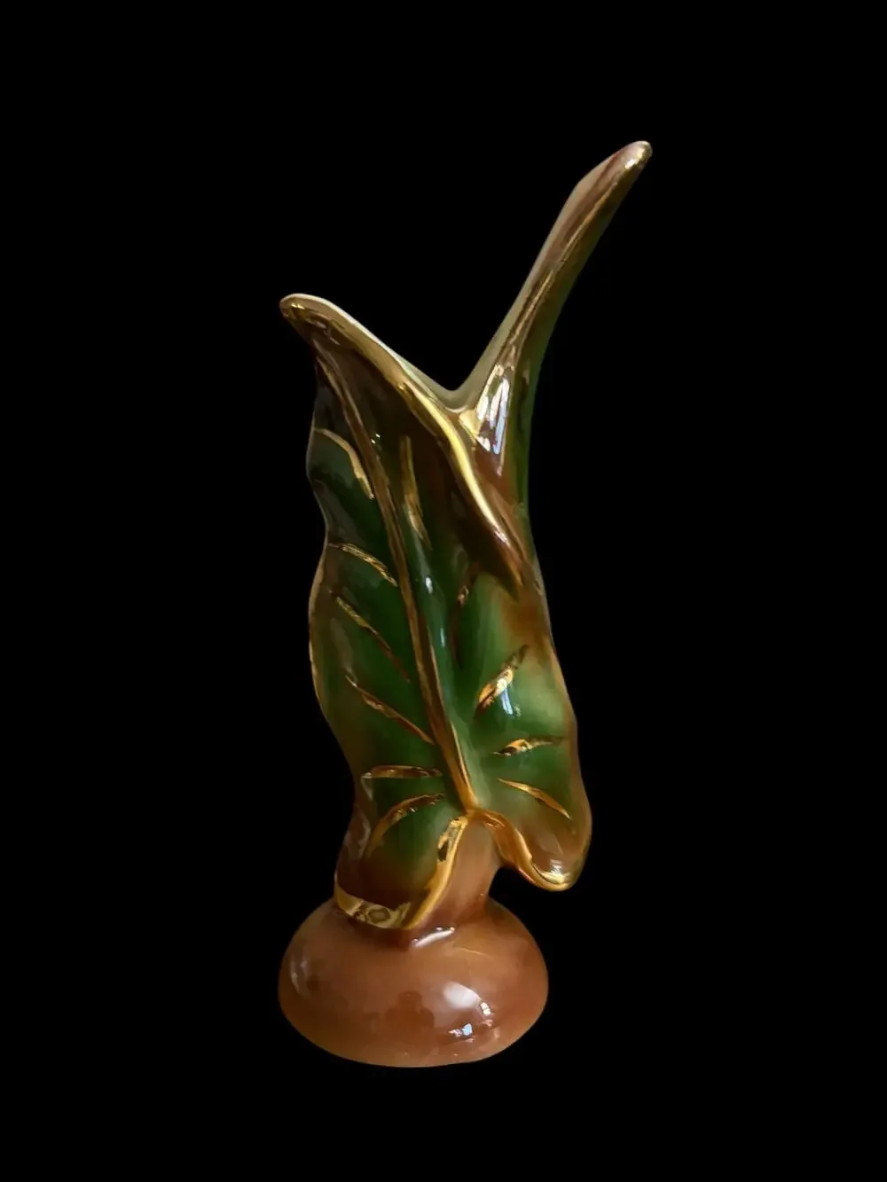 Vintage 1950s Schafer Pottery Vase 23K Gold Accents Banana Leaf 7” Tall